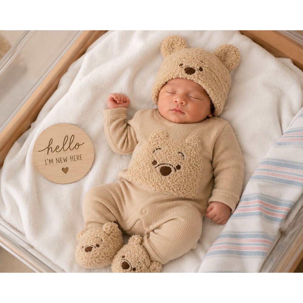 Disney Baby Pooh Bear Romper Hat & Slippers Set NWT NB, 0-3M, 6-9M, 12M